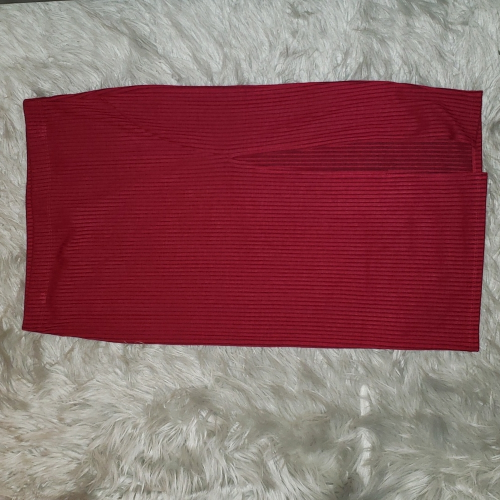 Rust Red Midi Pencil Skirt with Slit - Large